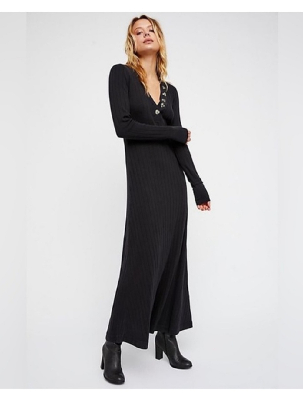 Free People Black Ribbed Long Sleeve Maxi Dress